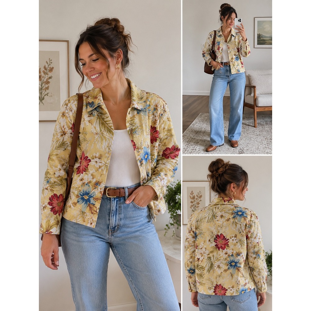 Laura Ashley Women's L 100% Silk Floral Embroidered Lined Button Front Jacket